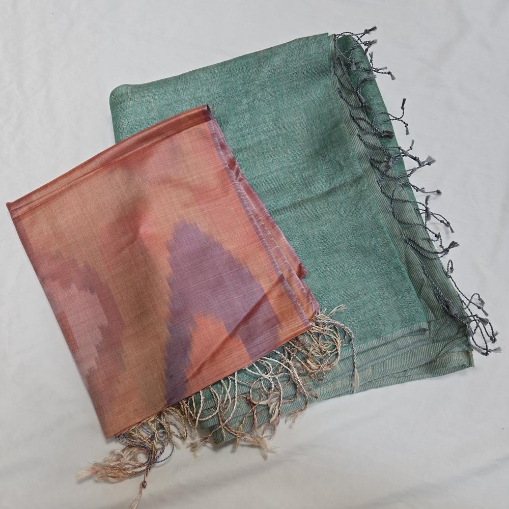Fabindia Silk Bundle Of Aqua Green And Pink Purple Fringe Scarves Wraps